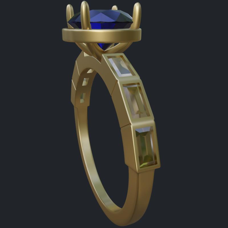 Round Sapphire Ring With Baguette Accents Ring - Side