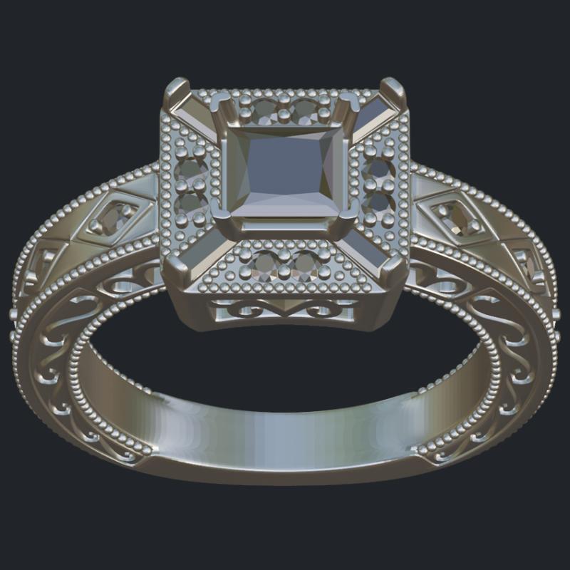 Princess &amp; Round Diamonds Engagement Ring With Milgrain - Top