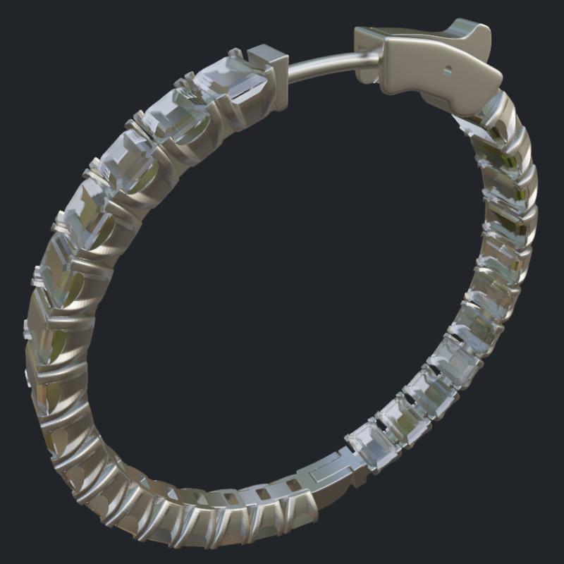 Round Hoop Earrings - Emerald Cut Diamonds Size 4.50 x 3.00 mm - Side