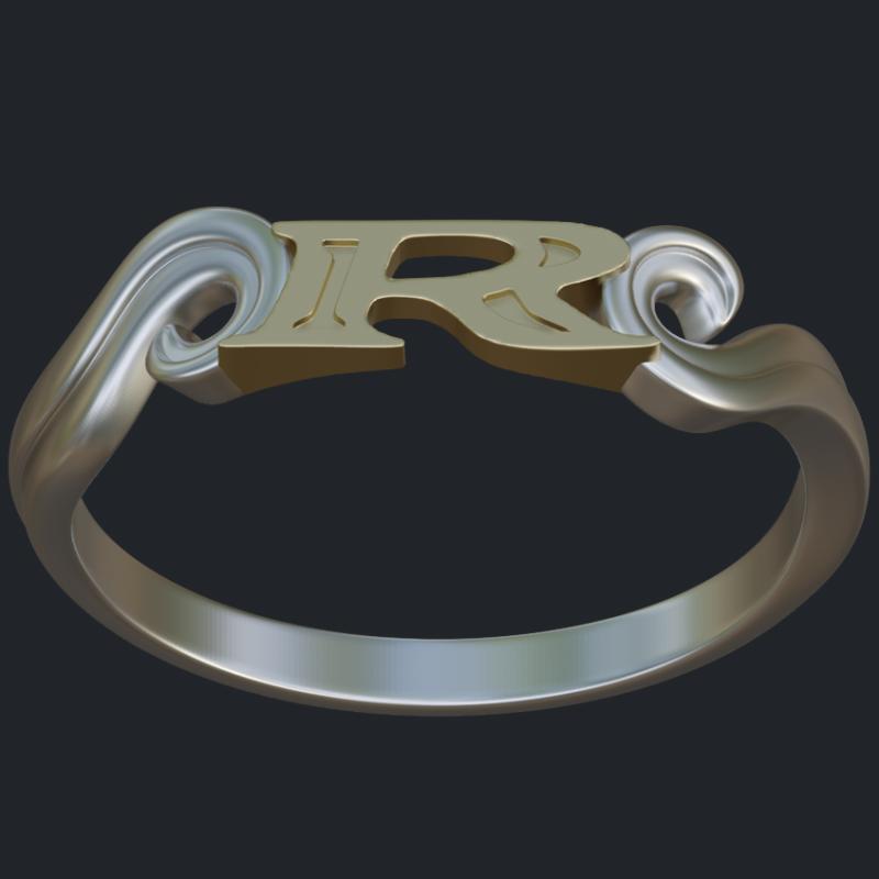 Ornate R Silver Ring - Top