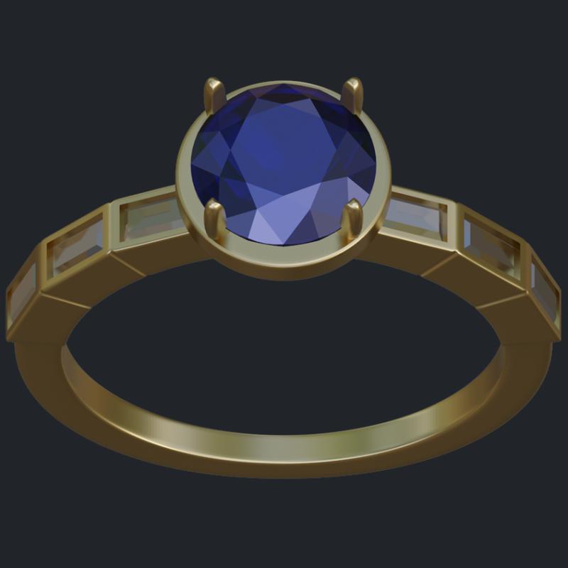 Round Sapphire Ring With Baguette Accents Ring - Top