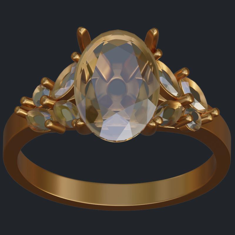 Oval Cut Asymmetric Ring With Marquise &amp; Round Accents - Top