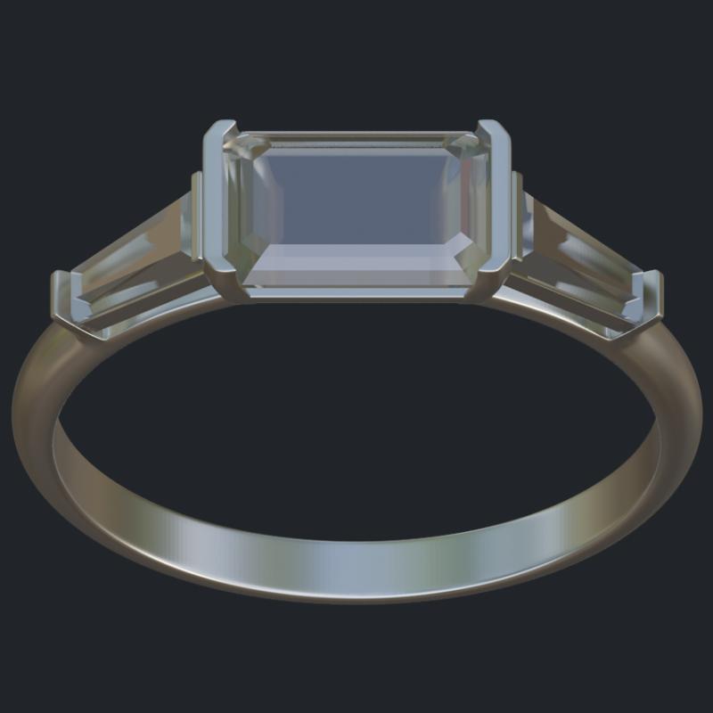 East-West Emerald Cut Diamond Ring with Baguette Accents - Top