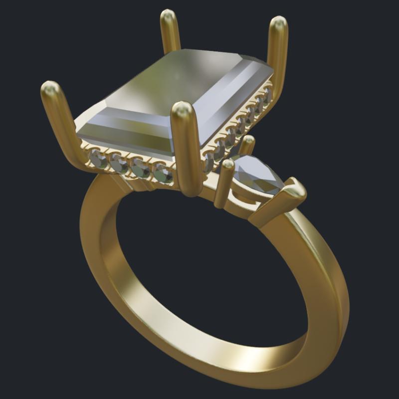 Emerald Cut Diamond Ring With Hidden Halo And Pear Shape Accents - Main