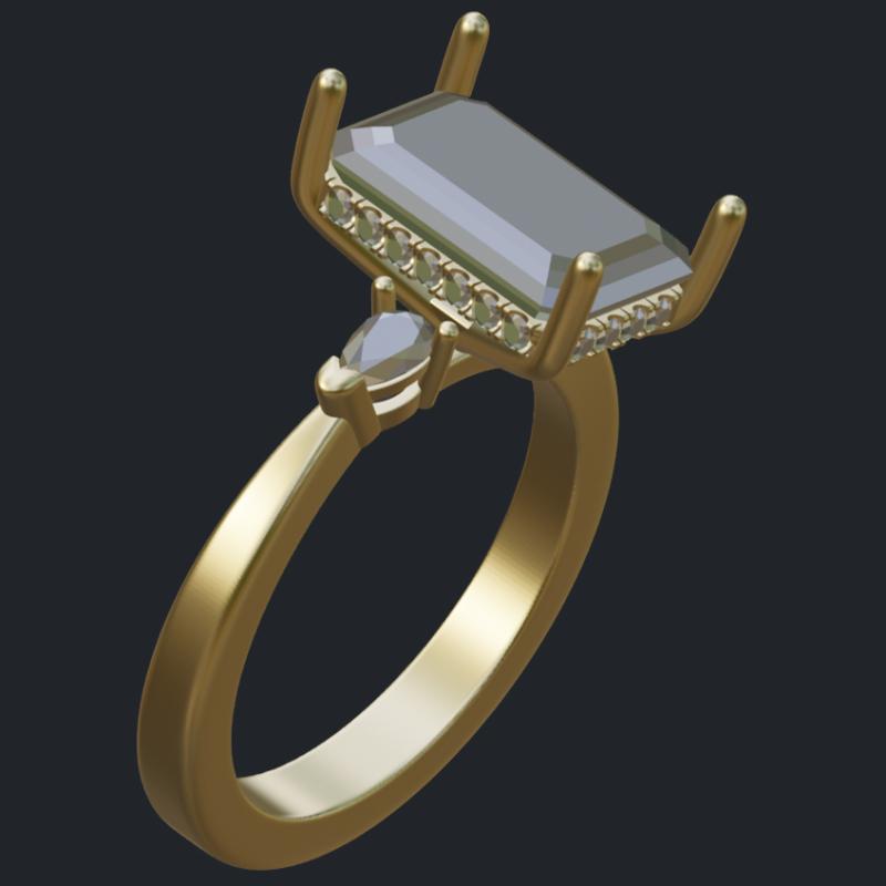 Emerald Cut Diamond Ring With Hidden Halo And Pear Shape Accents - Side