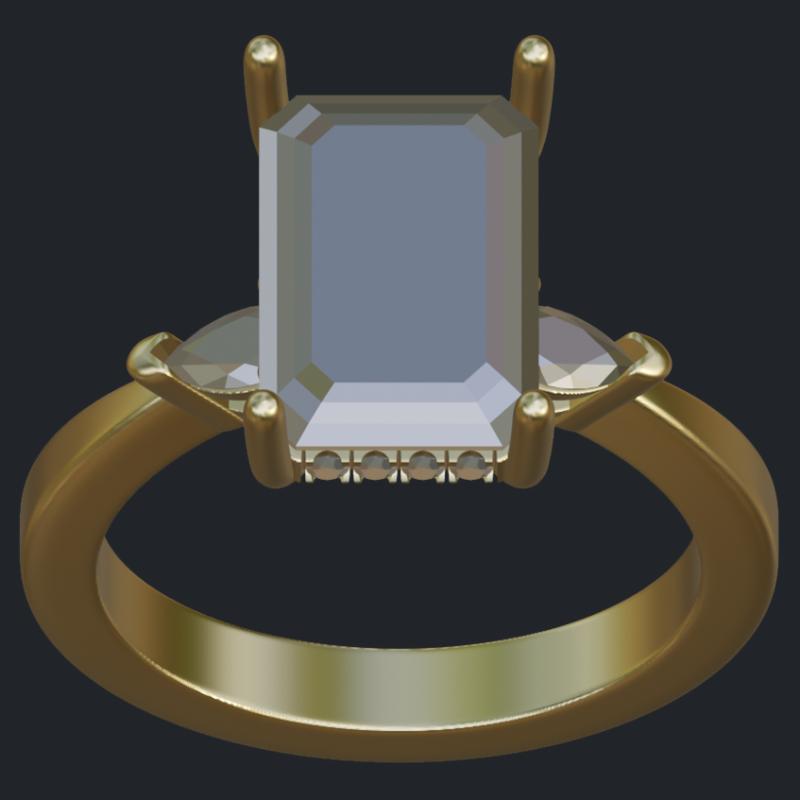 Emerald Cut Diamond Ring With Hidden Halo And Pear Shape Accents - Top
